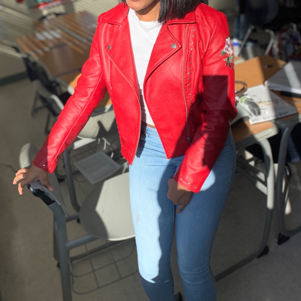 Red leather floral jacket